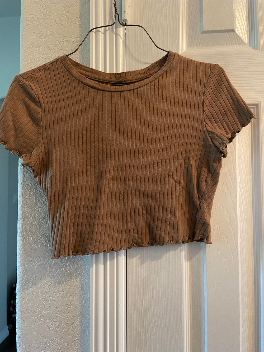 Ribbed Short Sleeve Crop Top - Brown S